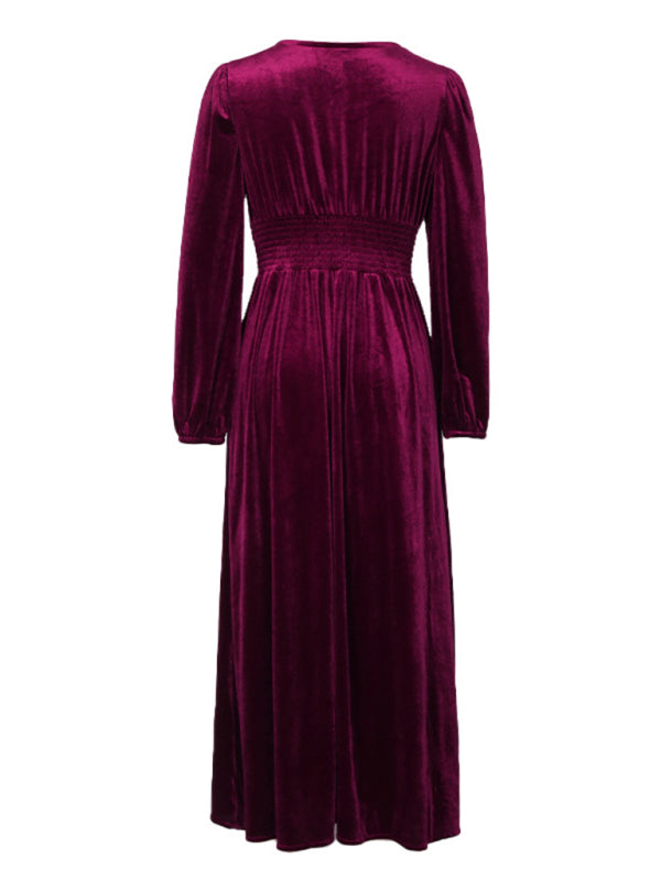 Velvet Waist Knit Long-Sleeve Dress – Wine Red, Elegant Autumn-Winter Style