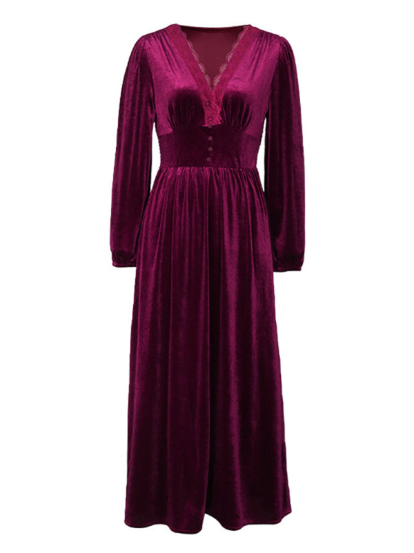 Velvet Waist Knit Long-Sleeve Dress – Wine Red, Elegant Autumn-Winter Style