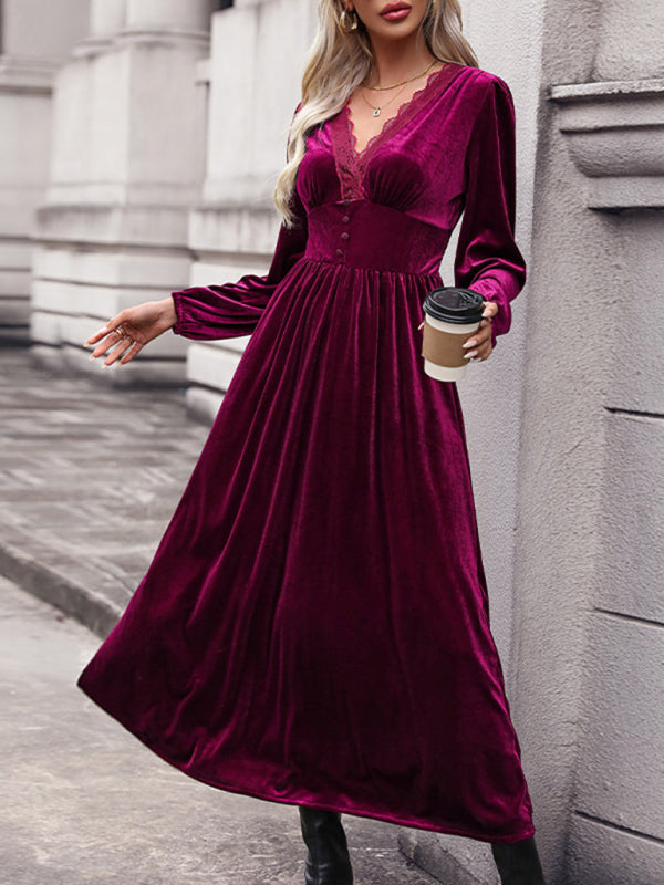 Velvet Waist Knit Long-Sleeve Dress – Wine Red, Elegant Autumn-Winter Style