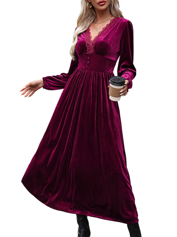 Velvet Waist Knit Long-Sleeve Dress – Wine Red, Elegant Autumn-Winter Style
