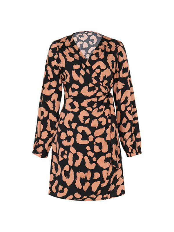 Graceful Long Sleeve V-Neck One-Piece Dress – Autumn-Winter Elegance