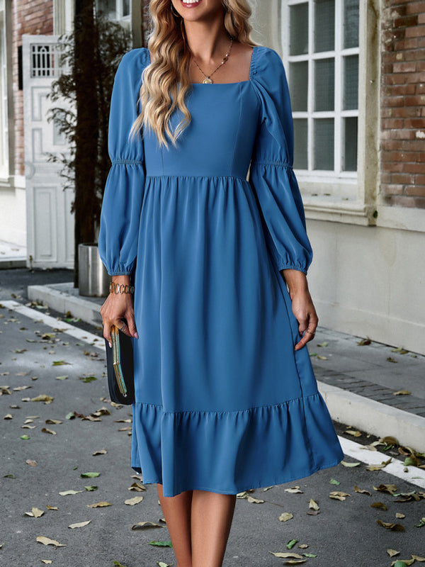 Elegant Square Neck Long Sleeve Midi Dress – Spring Summer Woven Design
