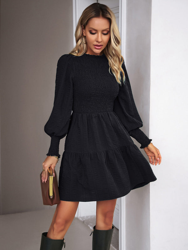 Pleated Long-Sleeve Midi Dress – Elegant Solid Color for Spring & Summer
