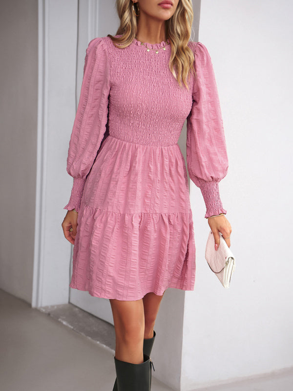 Pleated Long-Sleeve Midi Dress – Elegant Solid Color for Spring & Summer