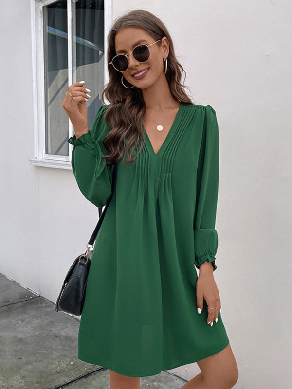 V-Neck Smocked Long-Sleeve Dress – Graceful Fit, Woven Polyester, Spring-Ready