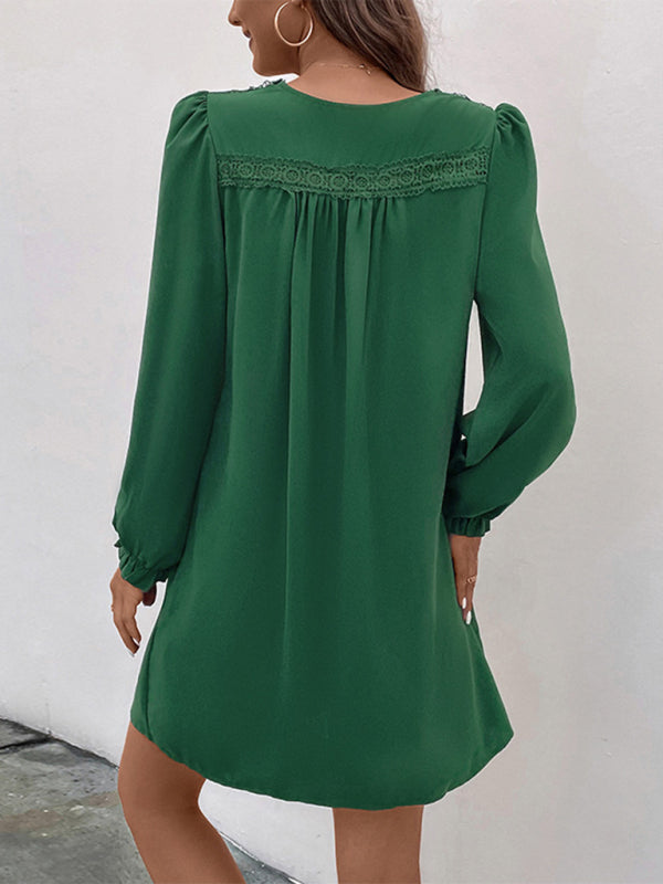 V-Neck Smocked Long-Sleeve Dress – Graceful Fit, Woven Polyester, Spring-Ready