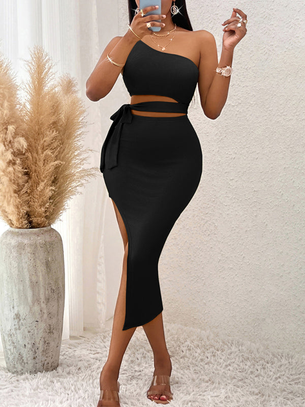 Knitted Off-Shoulder Bodycon Dress – Tie Waist, Midi Length, Spring-Summer