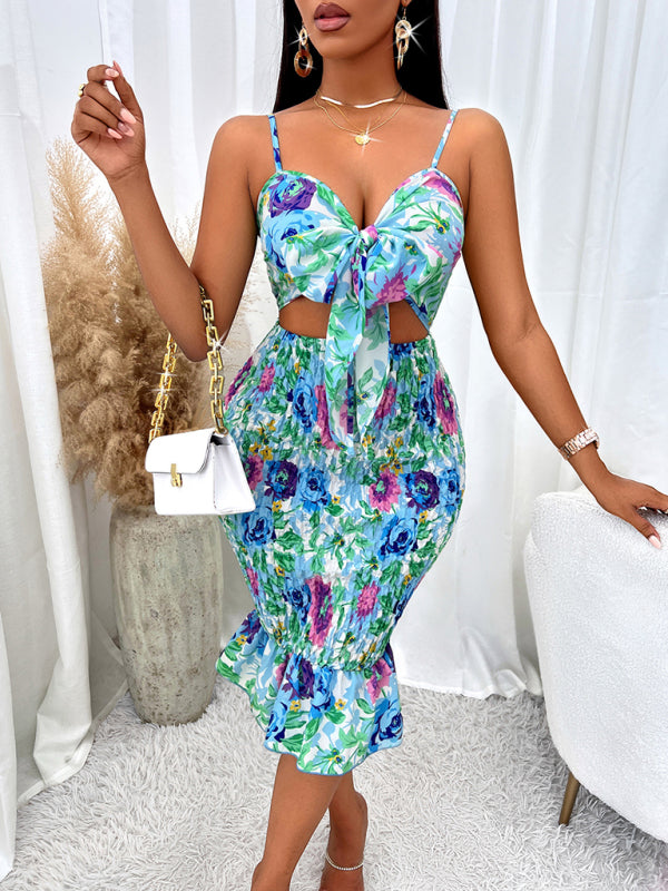 Floral Hip-Hugging Hollow Strap Dress – Sexy Summer Bodycon Mini