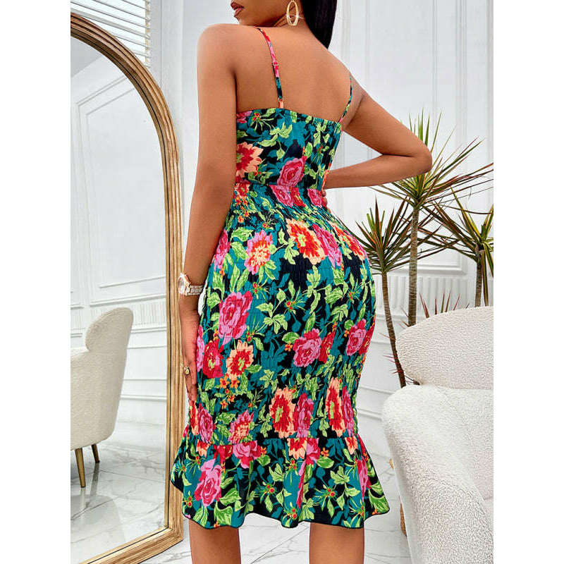 فستان مزخرف بأزهار، ضيق عند الورك، بحمالات مجوفة – فستان صيفي ضيق وجذاب - ماريا المبتسمة - كل شيء للنساء - 34653258