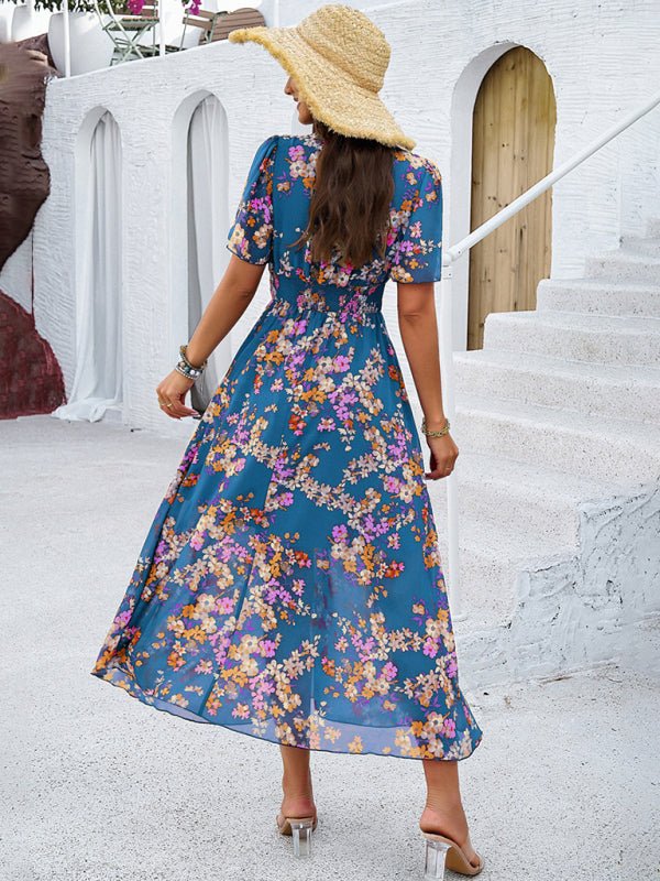 Printed Waist-Cinching Short-Sleeved Dress – Elegant Fit & Spring Style