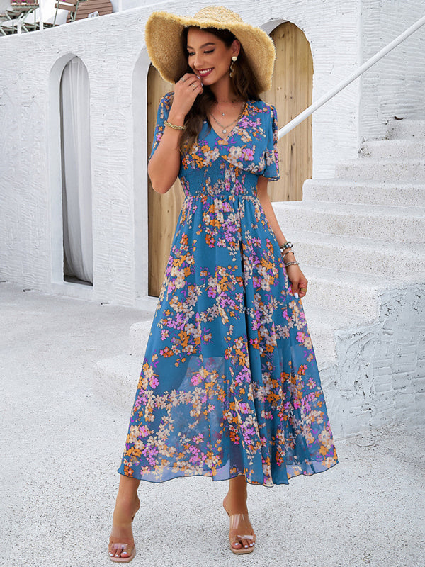 Printed Waist-Cinching Short-Sleeved Dress – Elegant Fit & Spring Style