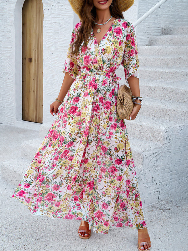 Vestido Maxi Elegante com Estampa na Cintura – Estilo Boho para Primavera e Verão