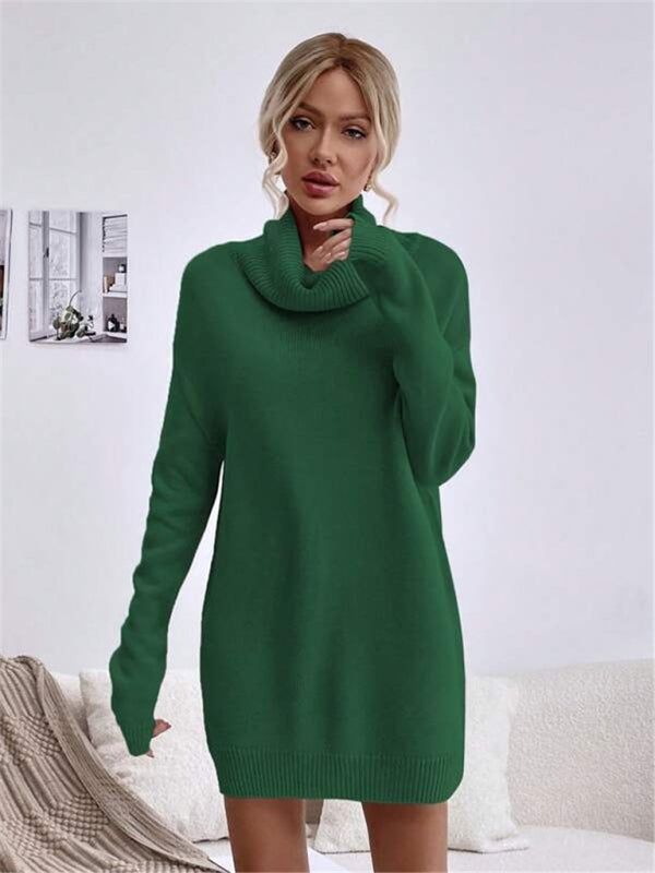 Women's new solid color loose turtleneck knitted sweater dress