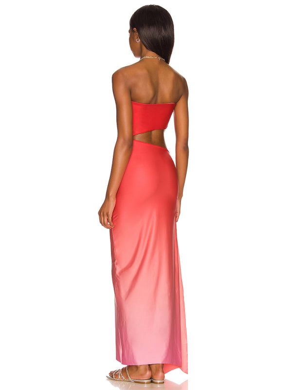 Floral Strapless Hollow-Out Maxi Dress – Backless, Boho-Chic Vibes