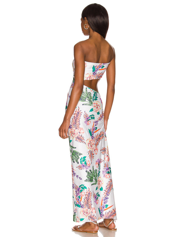 Floral Strapless Hollow-Out Maxi Dress – Backless, Boho-Chic Vibes