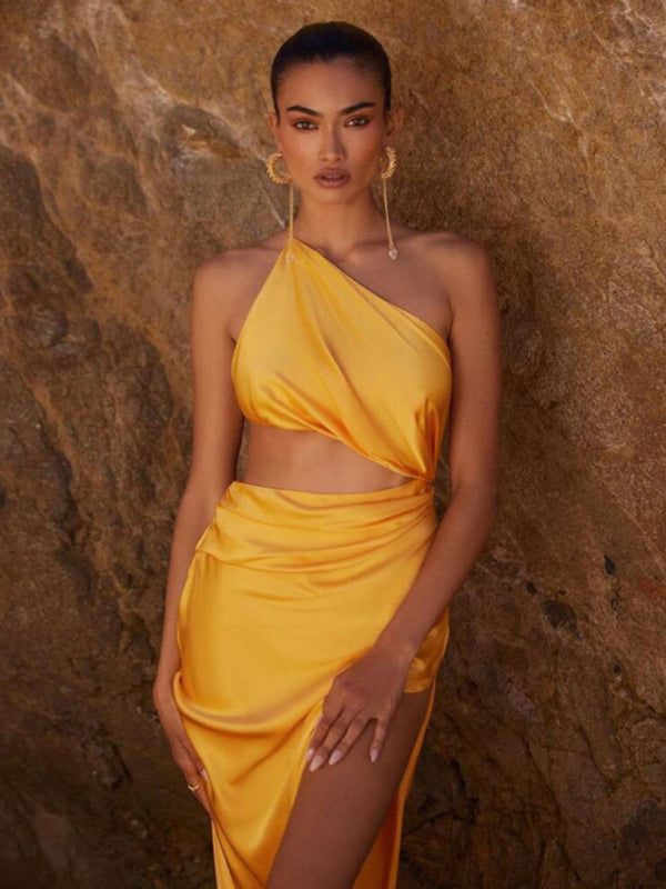 Backless Draped Maxi Evening Dress – Sleeveless, Flowy Fit, Yellow