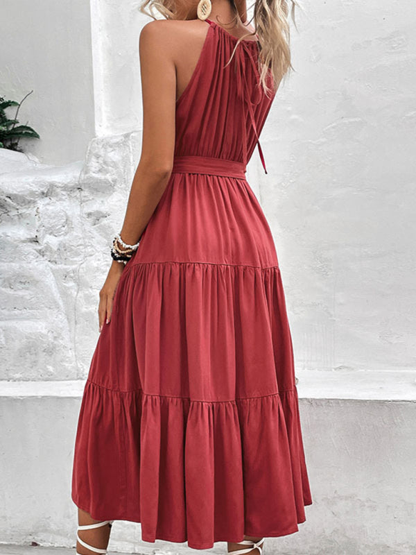 Halterneck Solid Mid-Length Dress – Wine Red Rayon Sundress