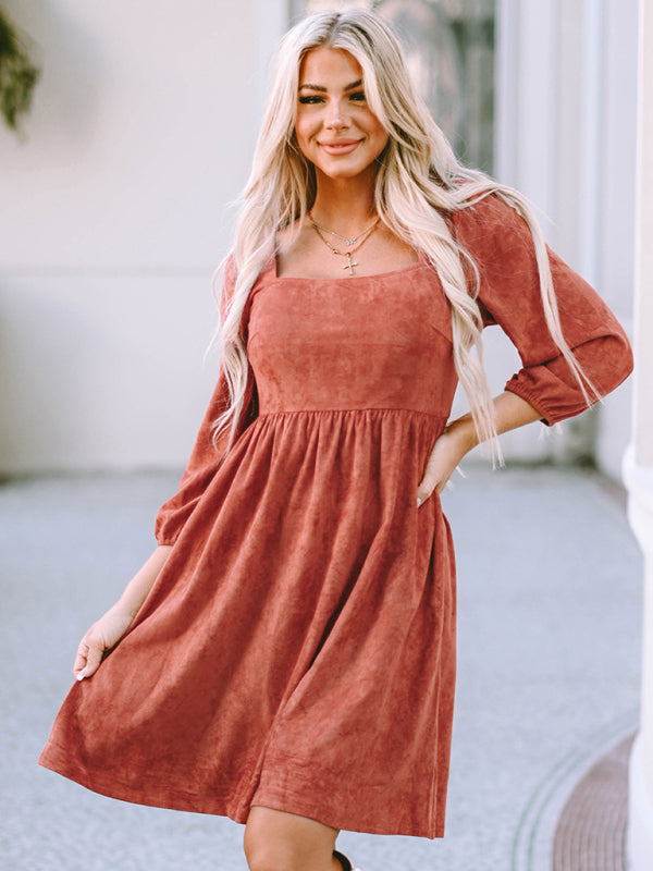 High-Waisted Loose A-Line Dress – Long Sleeve, Flowy Fit, Lightweight Polyester
