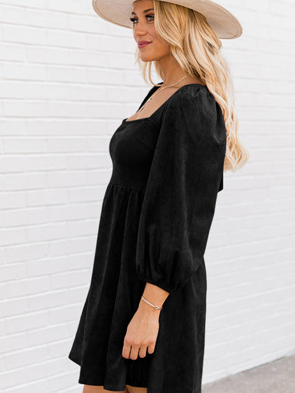High-Waisted Loose A-Line Dress – Long Sleeve, Flowy Fit, Lightweight Polyester