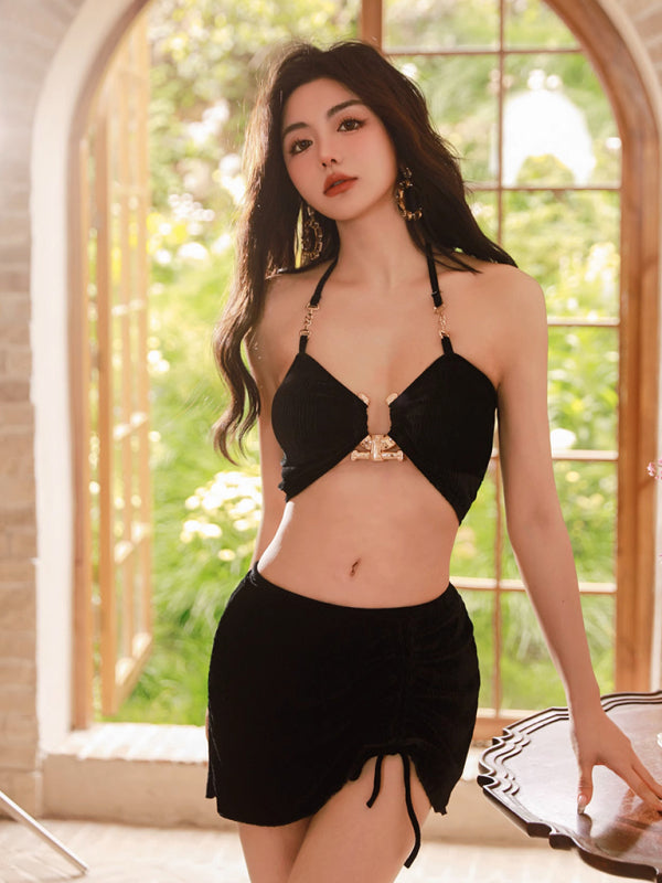 Gold Velvet Three-Piece Bikini Set – Women's Boho Vacation Swimwear