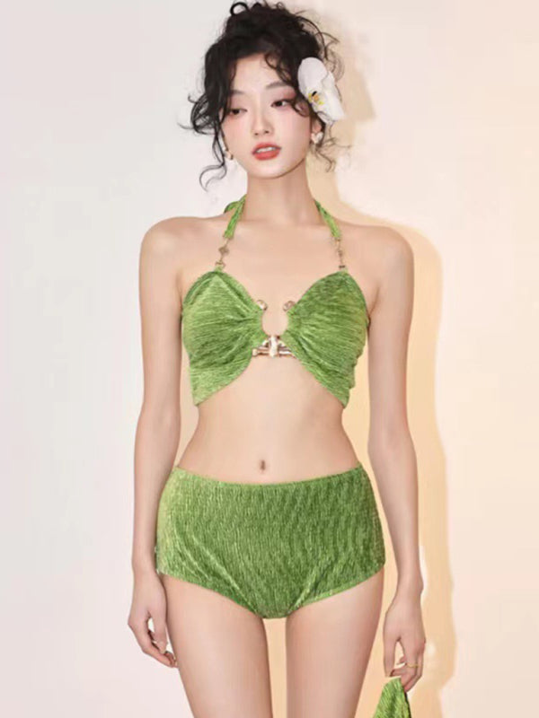 Gold Velvet Three-Piece Bikini Set – Women's Boho Vacation Swimwear