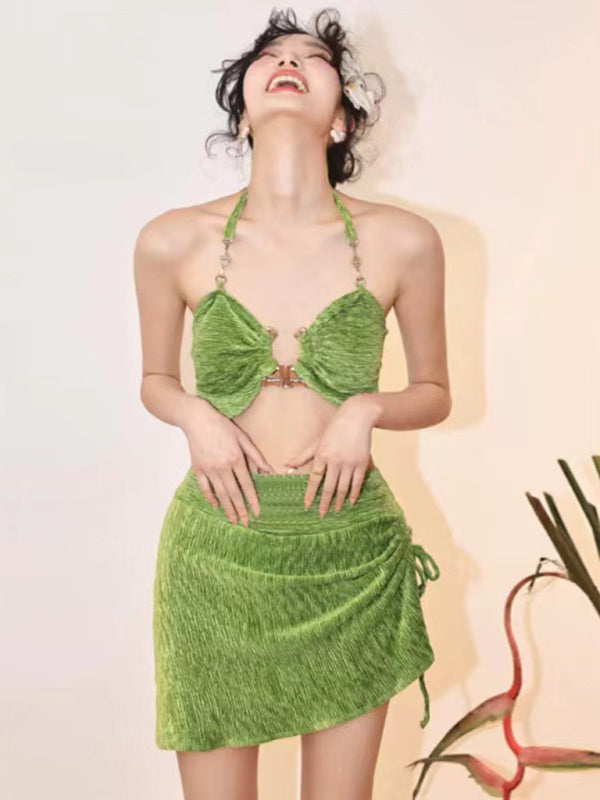 Gold Velvet Three-Piece Bikini Set – Women's Boho Vacation Swimwear