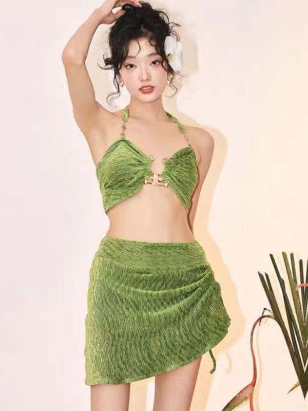 Gold Velvet Three-Piece Bikini Set – Women's Boho Vacation Swimwear