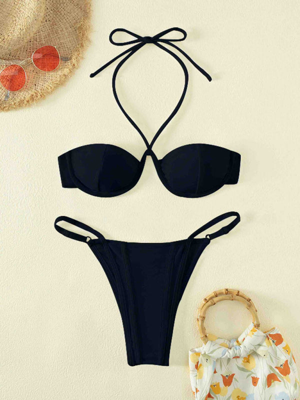 Sexy Split Bikini Set – Moderate Stretch Nylon, Knit Design, Multiple Colors
