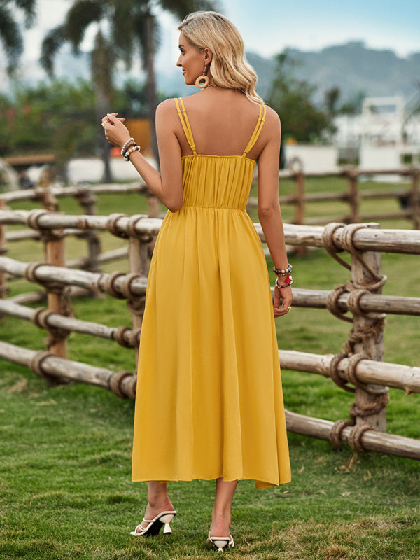 Boho Suspender Maxi Dress – Solid Color Tie Waist, Flowy Summer Style