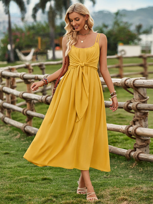 Boho Suspender Maxi Dress – Solid Color Tie Waist, Flowy Summer Style