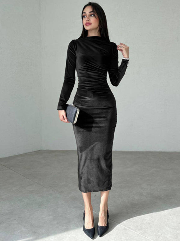 Solid Color Slim Fit Pleated Long Sleeve Dress – Round Neck Autumn Style
