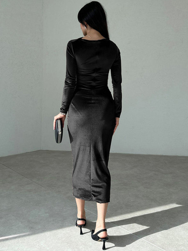 Solid Color Slim Fit Pleated Long Sleeve Dress – Round Neck Autumn Style