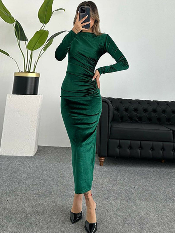 Solid Color Slim Fit Pleated Long Sleeve Dress – Round Neck Autumn Style