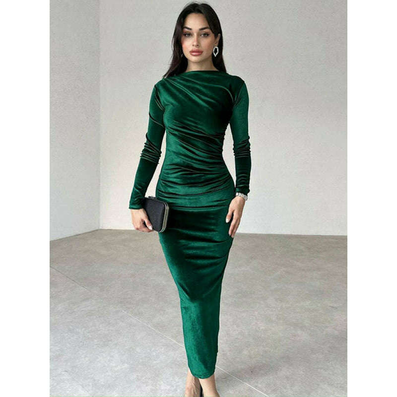 solid-color-slim-fit-pleated-long-sleeve-dress-–-round-neck-autumn-stylesmiling-maria---everything-for-women-34645720
