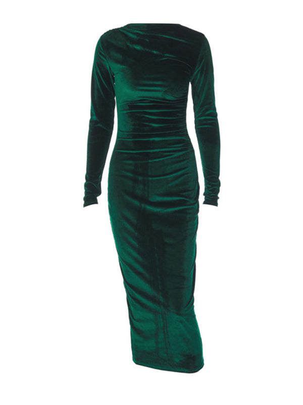 Solid Color Slim Fit Pleated Long Sleeve Dress – Round Neck Autumn Style