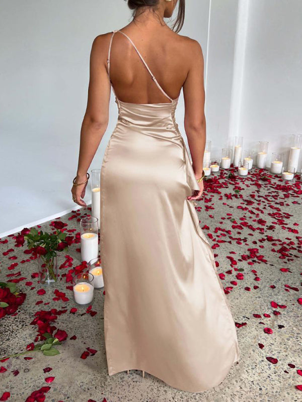 One-Shoulder Satin Slit Party Dress – Elegant Spring-Summer Gown