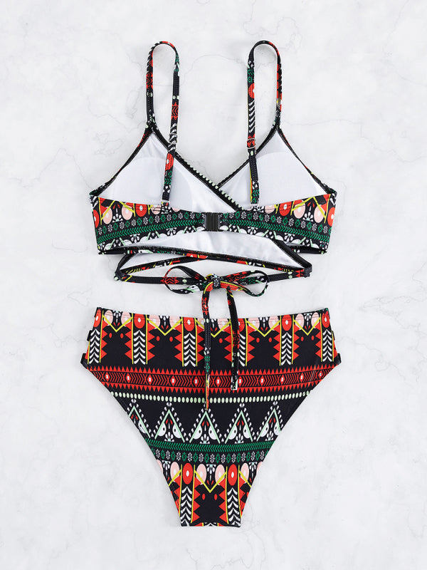Boho Western Print Two-Piece Bikini Set – Stretchy Nylon & Spandex