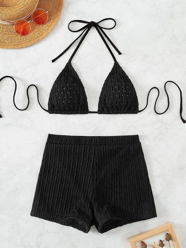 Feminine Lace-Up Textured Bikini Set – Boho Two-Piece With Knit Detailing