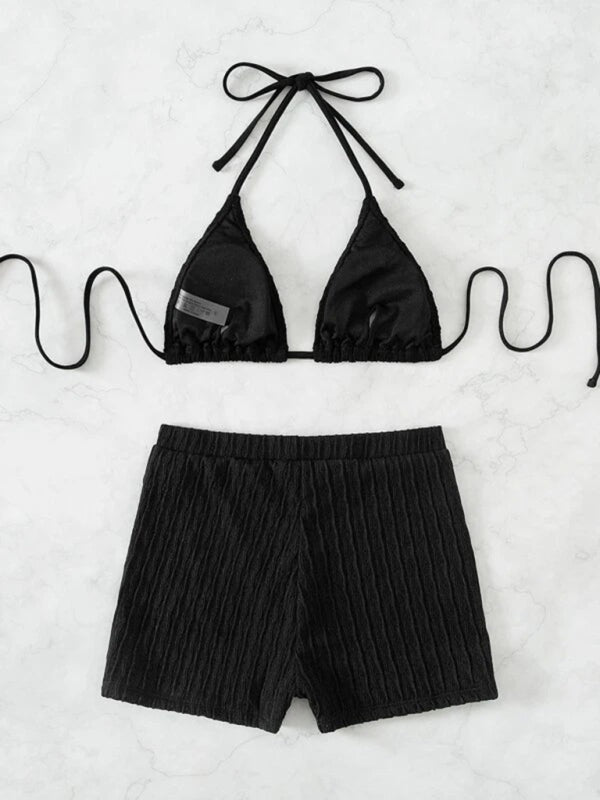 Feminine Lace-Up Textured Bikini Set – Boho Two-Piece With Knit Detailing
