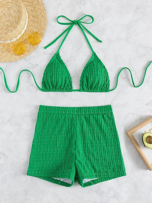 Feminine Lace-Up Textured Bikini Set – Boho Two-Piece With Knit Detailing