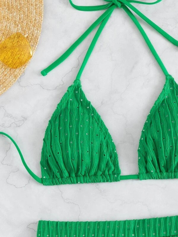 Feminine Lace-Up Textured Bikini Set – Boho Two-Piece With Knit Detailing