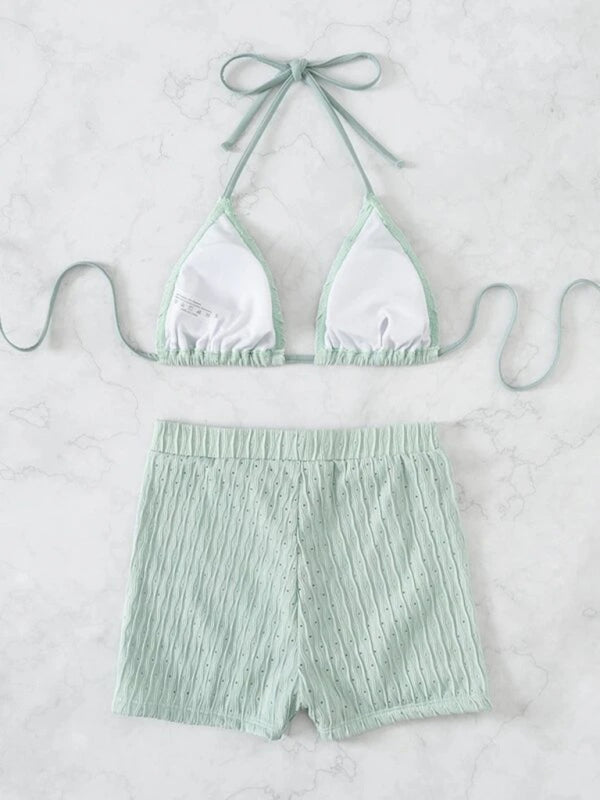 Feminine Lace-Up Textured Bikini Set – Boho Two-Piece With Knit Detailing