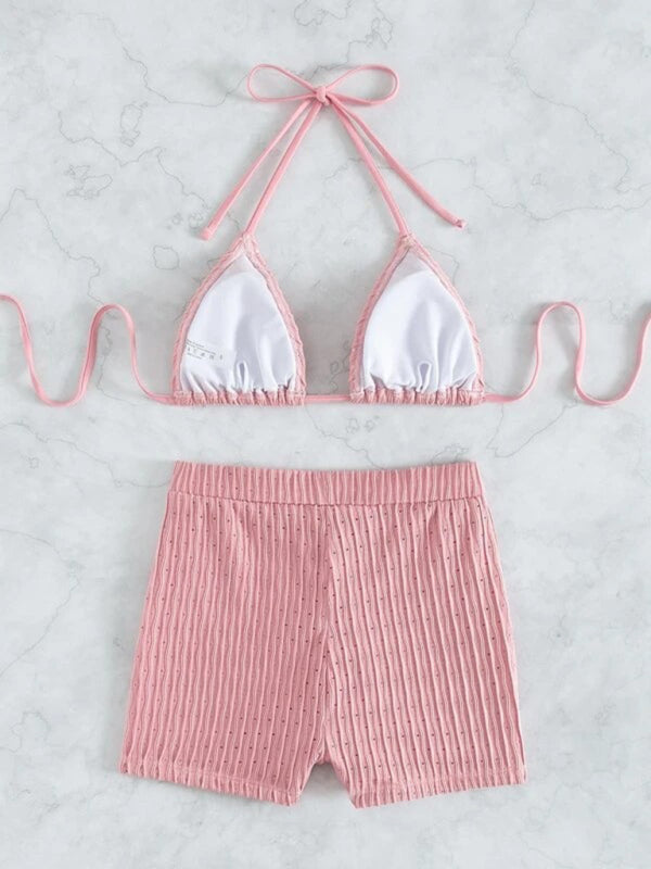 Feminine Lace-Up Textured Bikini Set – Boho Two-Piece With Knit Detailing