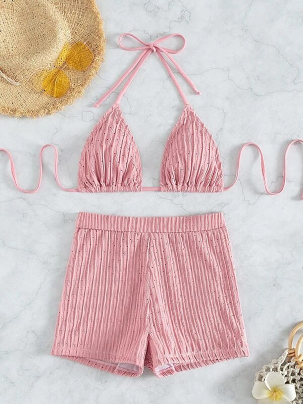Feminine Lace-Up Textured Bikini Set – Boho Two-Piece With Knit Detailing