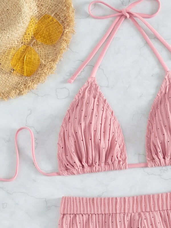 Feminine Lace-Up Textured Bikini Set – Boho Two-Piece With Knit Detailing