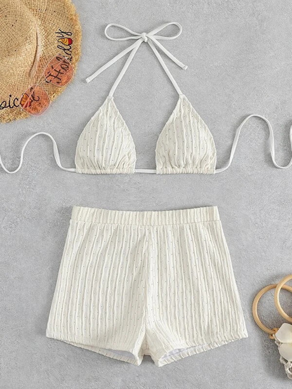 Feminine Lace-Up Textured Bikini Set – Boho Two-Piece With Knit Detailing