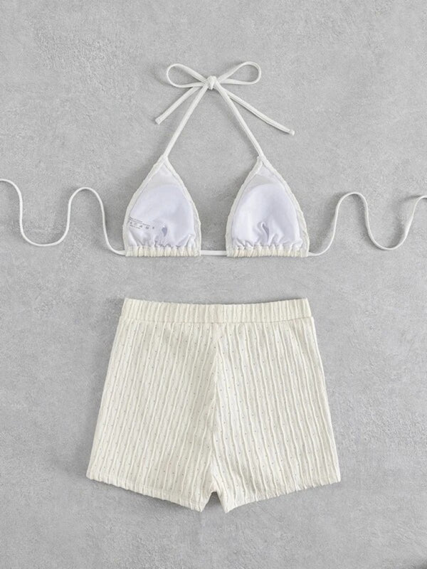Feminine Lace-Up Textured Bikini Set – Boho Two-Piece With Knit Detailing