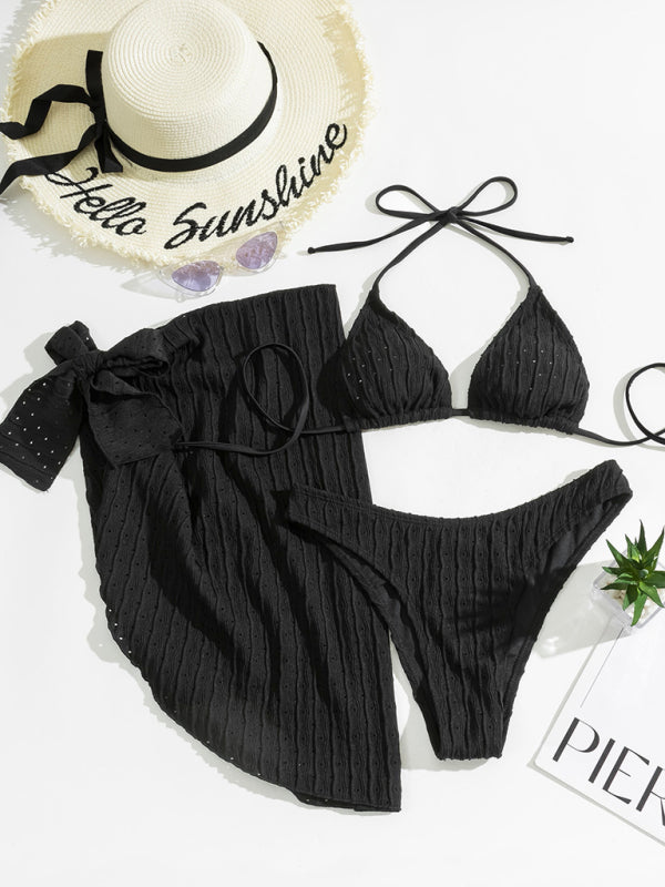 Textured Lace-Up Three-Piece Bikini Set – Boho Style with Long-Sleeve Cover-Up