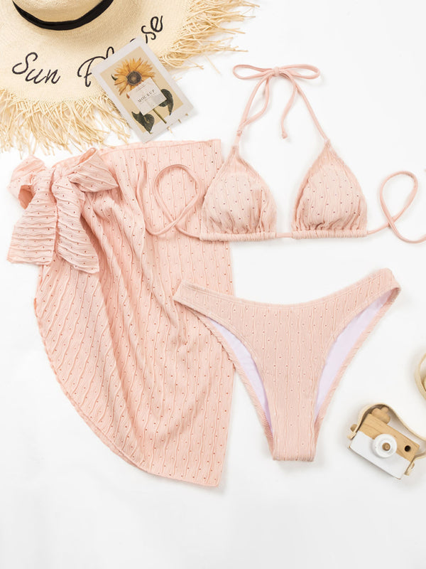Textured Lace-Up Three-Piece Bikini Set – Boho Style with Long-Sleeve Cover-Up