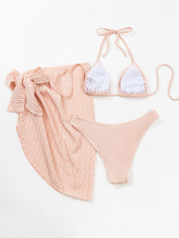 Textured Lace-Up Three-Piece Bikini Set – Boho Style with Long-Sleeve Cover-Up
